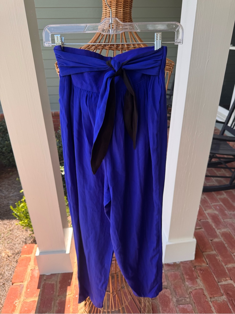 Vintage 80s  Cobalt Blue Satin High Waist Pants Sash M USA